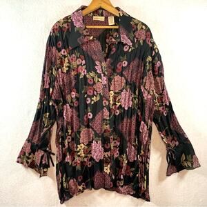 Vintage Womens Chiffon Button Top Sz‎ 20/22W Purple Floral Dark Romantic Bow
